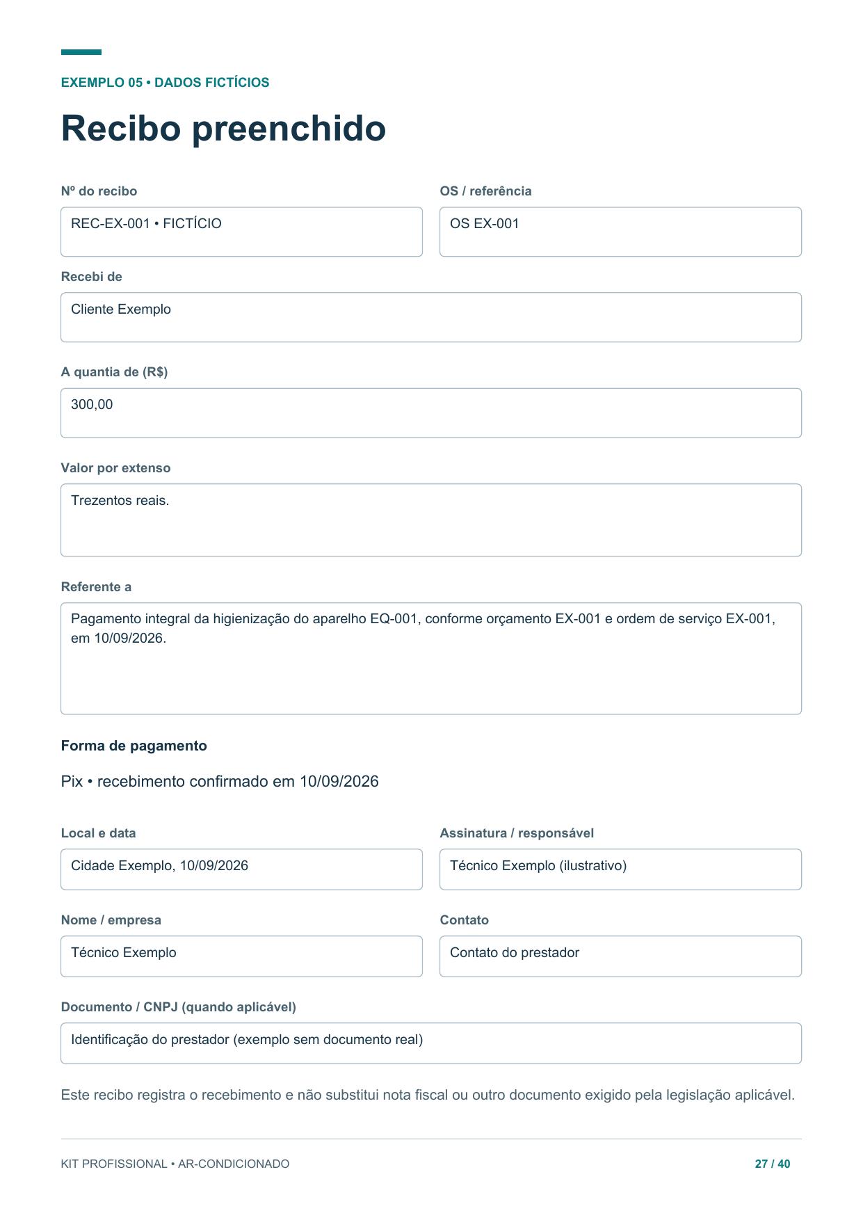 Página do kit com um recibo preenchido, com dados fictícios.